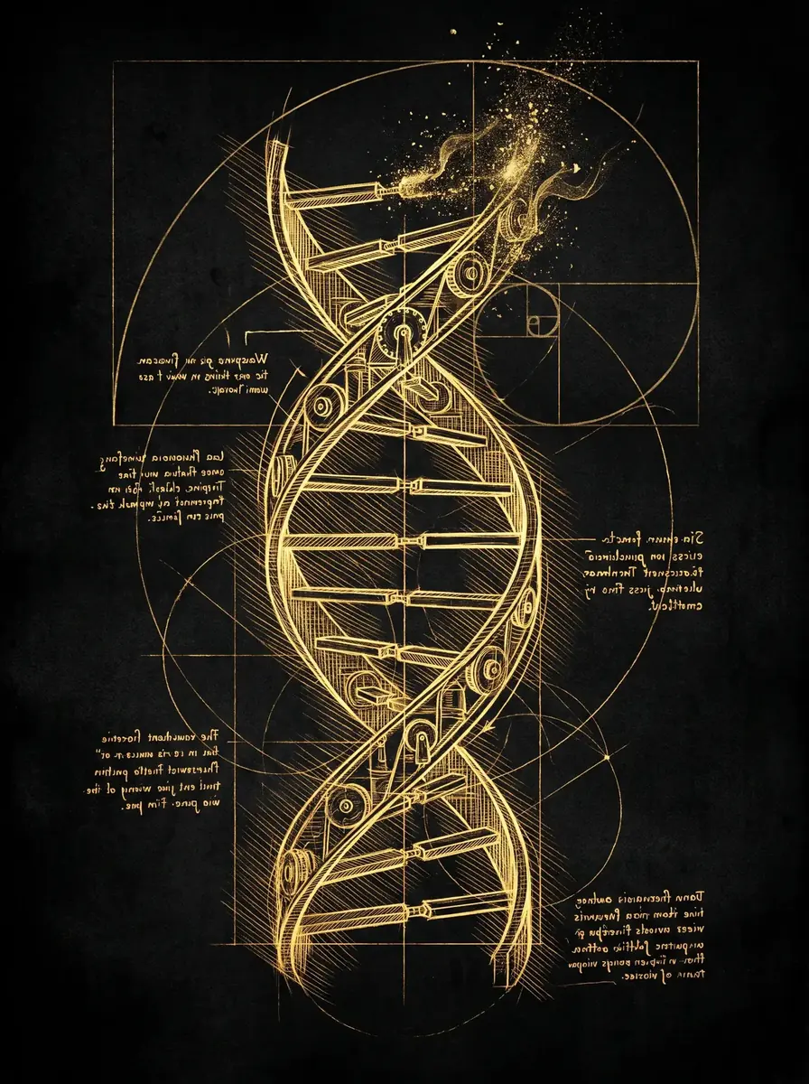 A DNA double helix drawn as a gilded renaissance engineering study